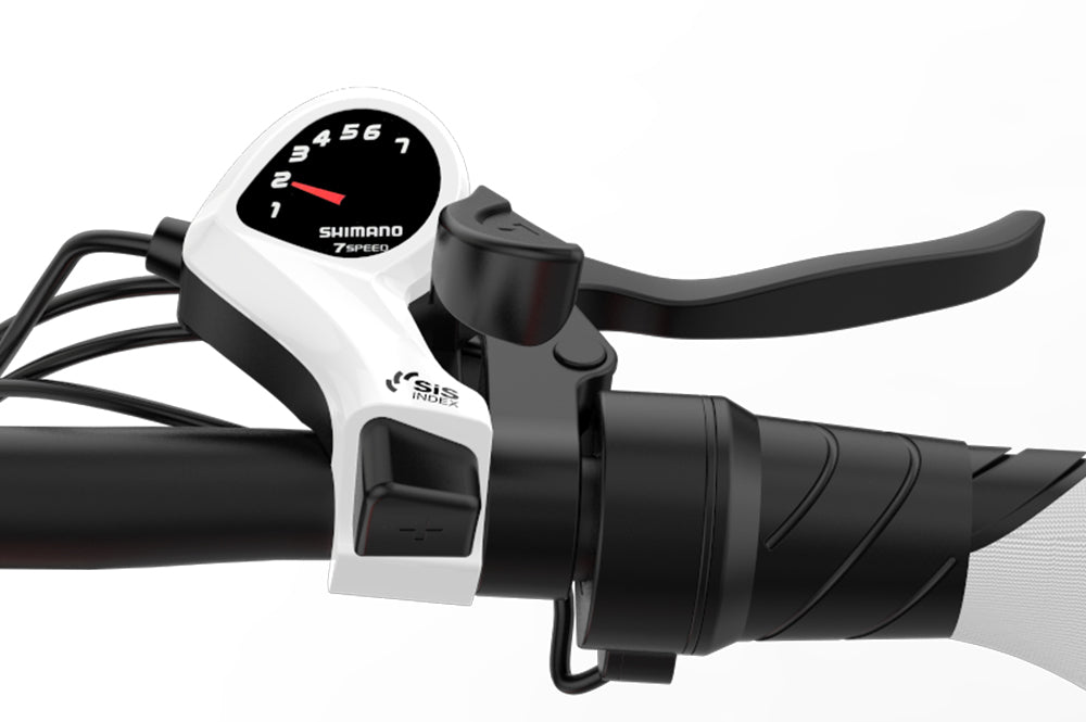 Lankeleisi bikes ebike gear and speed shifter control thumb dials, close-up of black thumb switches on handlebar.