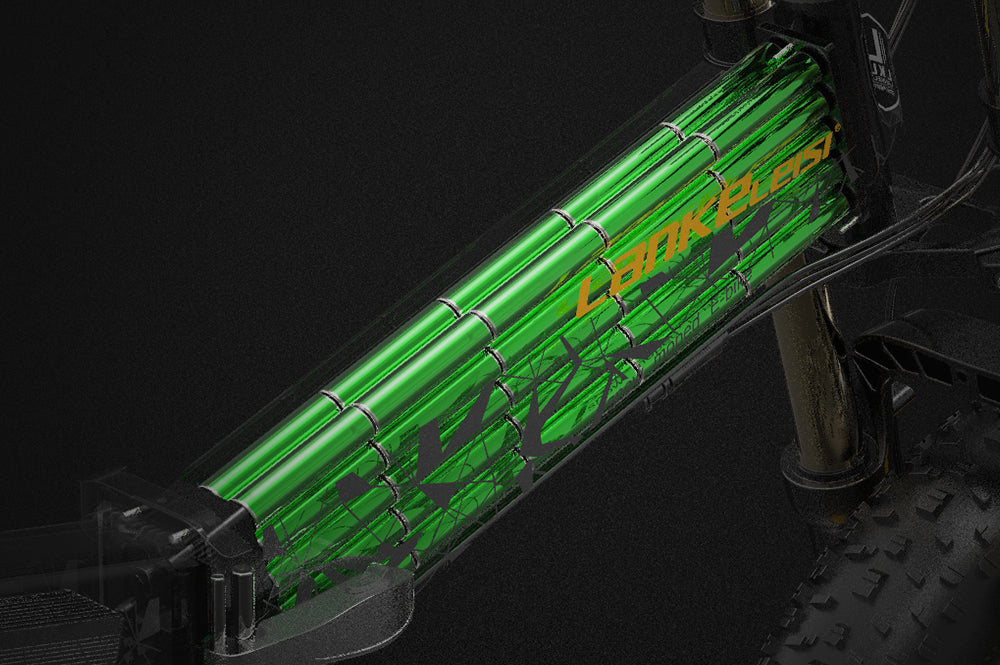 Lankeleisi bikes lithium-ion battery for electric bicycle, shown in black with compact design and connection ports.